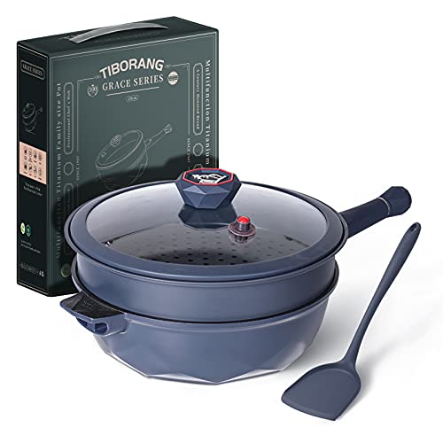TIBORANG 8 in 1 Multipurpose 11 Inch 5 Quart Heat Indicator Nonstick Deep Frying Pan with Glass Lid, Stay-cool Handle, Steamed Grid, PFOA-Free,Dishwasher&Oven Safe,Works with All Stovetops(Navy Blue) - Image 1