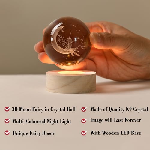 IFOLAINA Moon Fairy Crystal Ball - 3D Laser Engraved Glass Night Light, Decorative Globe, Crystal Moon Sphere - Gifts for Girls, Her, Fairy Lovers - Image 5