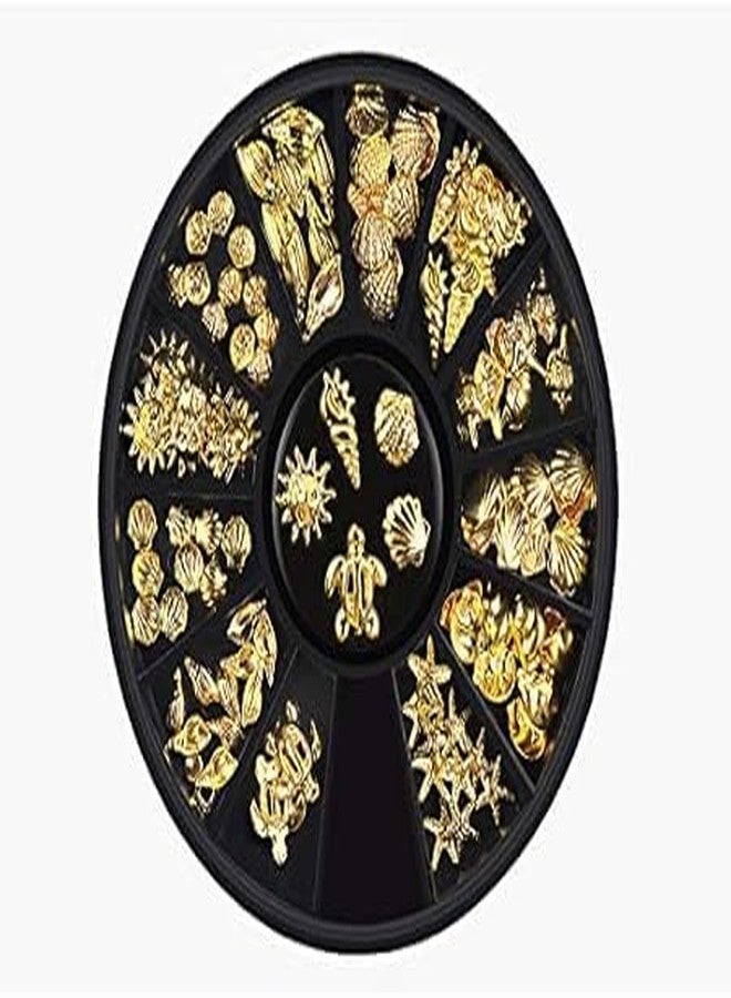 GANPUB 12 Styles Nail Art Metal Studs Gold Metallic 3D Pieces Rivet Palm Tree Turtles Marine Life Charms for Summer Beach Ocean Manicure DIY Acrylic Nails Design Supply Nail Art and Polish(Gold Ocean Studs) - Image 1