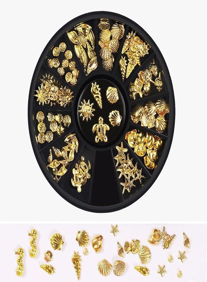 GANPUB 12 Styles Nail Art Metal Studs Gold Metallic 3D Pieces Rivet Palm Tree Turtles Marine Life Charms for Summer Beach Ocean Manicure DIY Acrylic Nails Design Supply Nail Art and Polish(Gold Ocean Studs) - Image 5