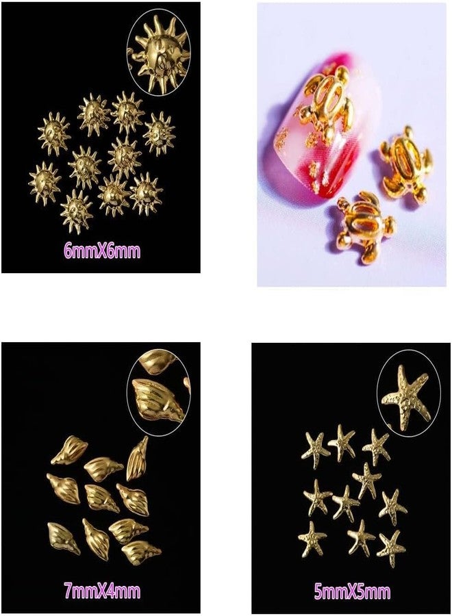 GANPUB 12 Styles Nail Art Metal Studs Gold Metallic 3D Pieces Rivet Palm Tree Turtles Marine Life Charms for Summer Beach Ocean Manicure DIY Acrylic Nails Design Supply Nail Art and Polish(Gold Ocean Studs) - Image 4