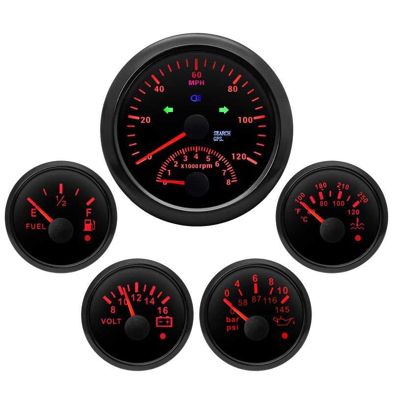 مجموعة عدادات ARTILAURA 5 338 85mm عداد سرعة GPS مع عداد دوران 2116 عداد مستوى الوقود عداد درجة حرارة الماء عداد ضغط الزيت مجموعة عدادات جهد للقارب للسيارة AUTO القارب البحري باللون الأسود بالكامل