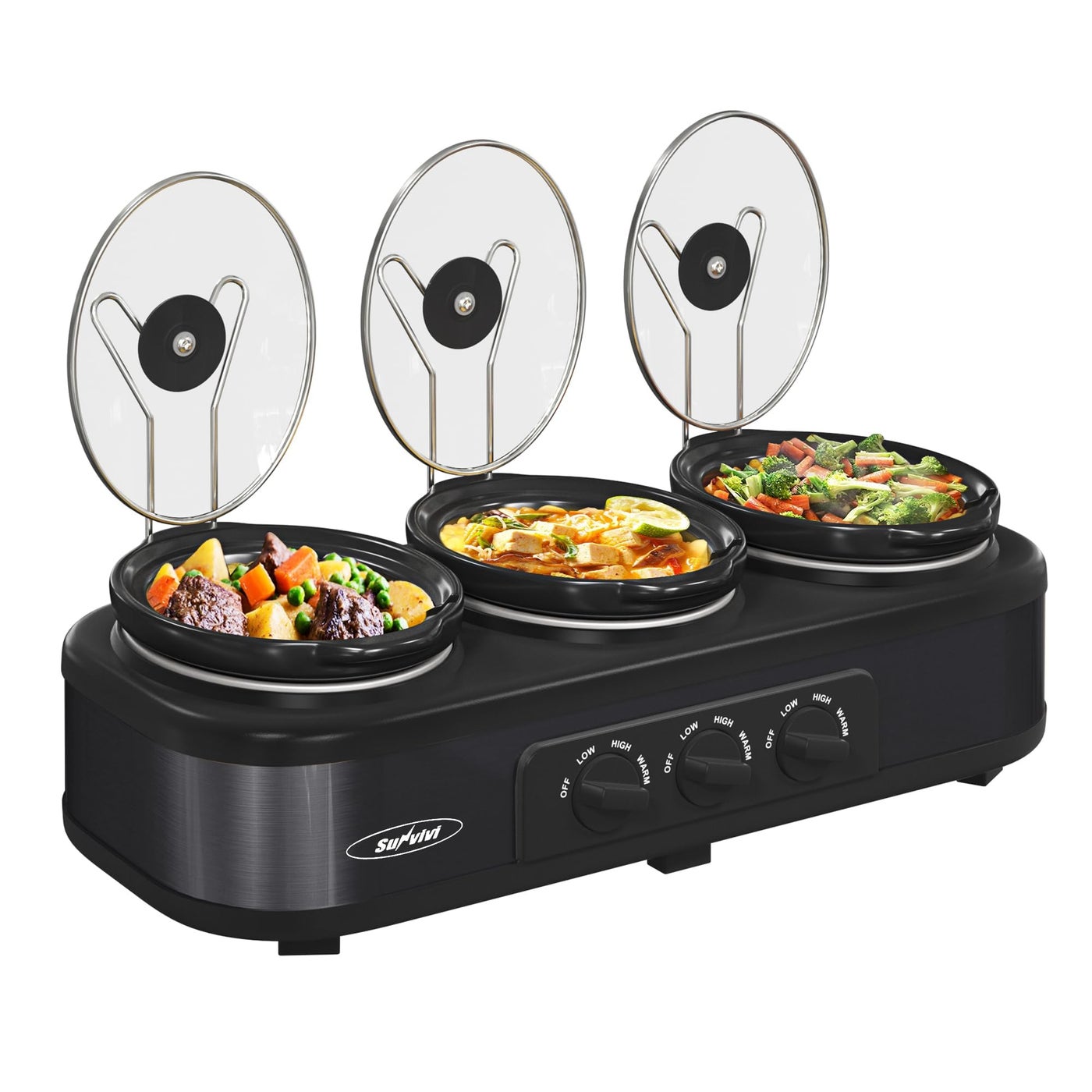 Sunvivi Triple Slow Cooker Buffet Servers and Warmer,3 Pot Food Small Mini Manual Slow Cooker with Adjustable Temp Stainless Steel Lid Rests,Removable Ceramic Pot, 3 * 1.5 Quarts Black