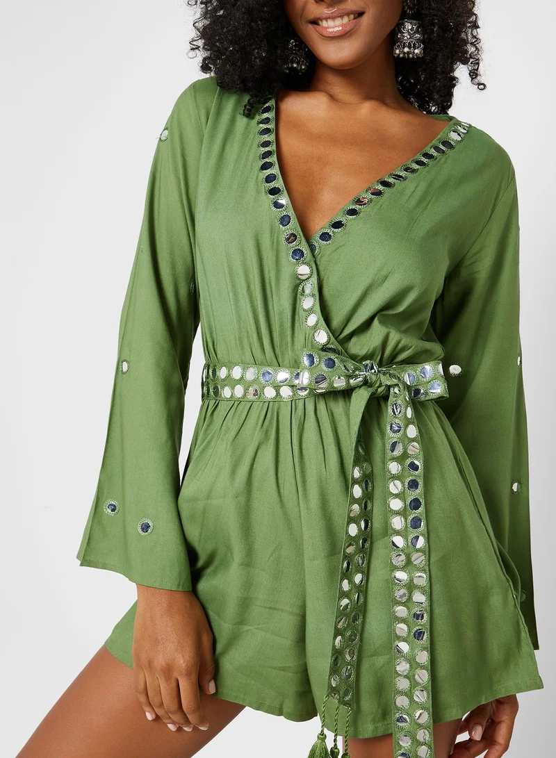 That’s My Gal Flute Sleeve Surplice Neck Playsuit