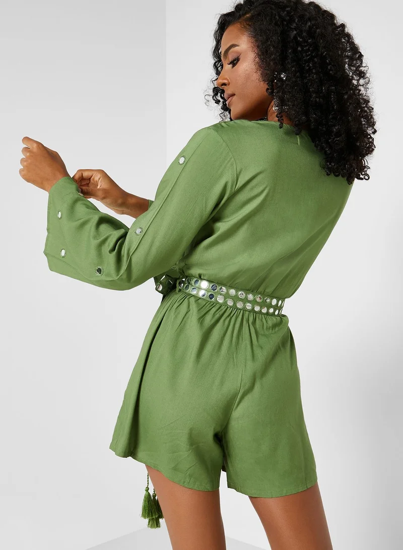 That’s My Gal Flute Sleeve Surplice Neck Playsuit