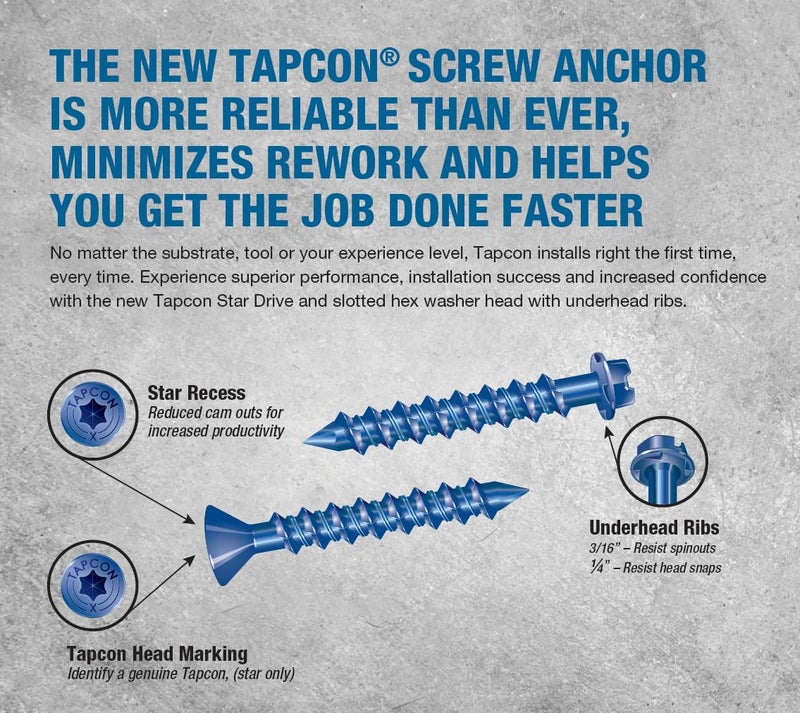 Tapcon 1/4" x 2-1/4" Star Torx Head Concrete Anchor Screws 3187407V2 | 100 Pack | Drill Bit Included - Image 3
