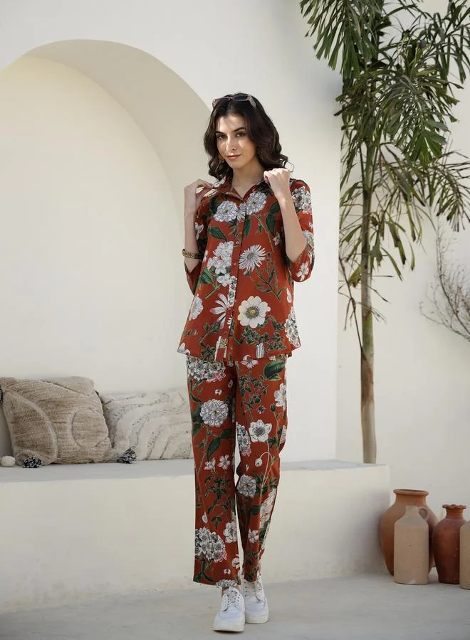sanskrutihomes Sanskrutihomes Women Floral Printed Pure Cotton Shirt and Pyjama Set