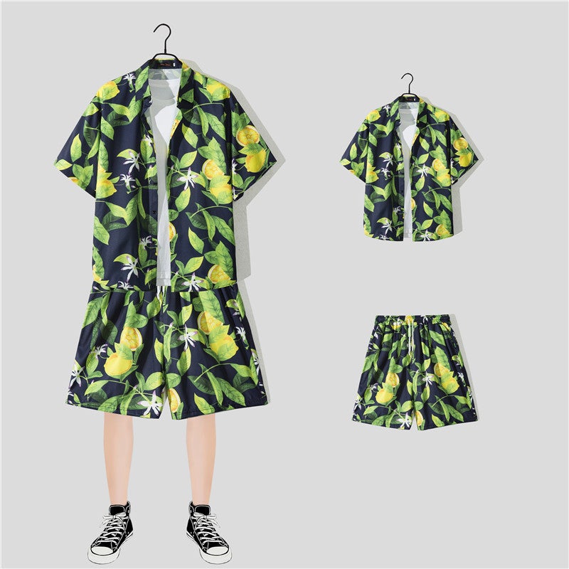 Generic Casual Beach suit Mens Summer Thin Loose Handsome Seaside Clothes Hawaiian Shorts Flower Shirt Two-piece Pack 2165 suit 