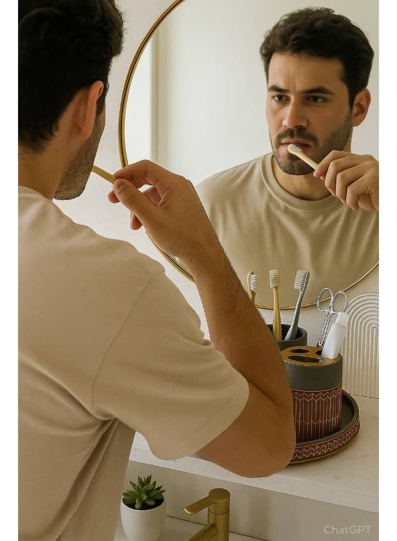 طقم اكسسوارات حمام سيراميك بخطوط ذهبية وألوان جذابة، لاستخدام آمن ونظيف. - Image 2