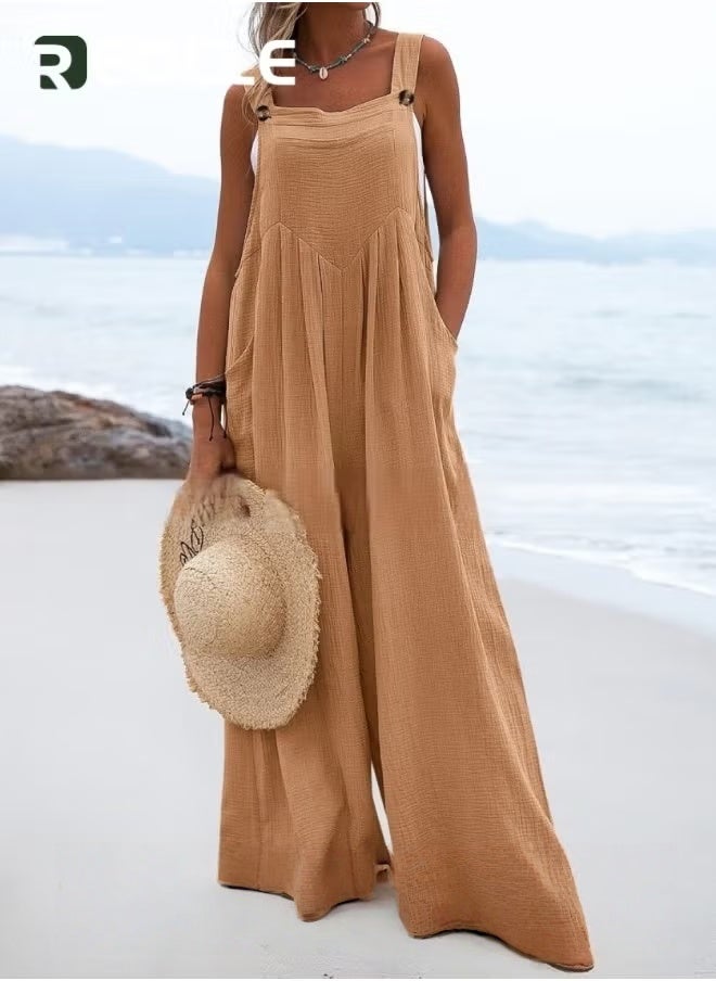 REOCLE Women's Loose Jumpsuits One Piece Sleeveless Wide Leg Long Pant Rompers with Pockets Casual Beach Straight Overalls  - Image 5