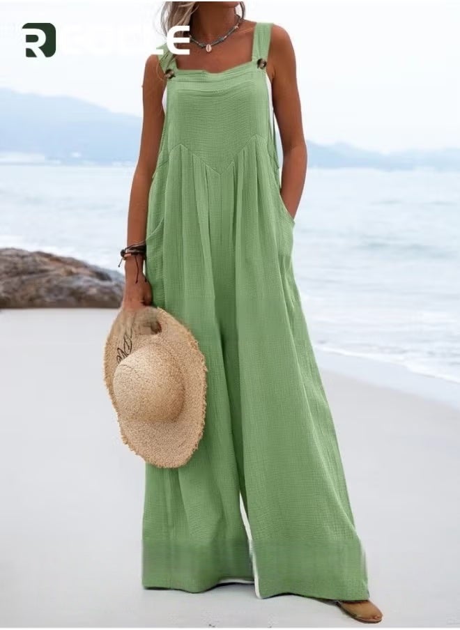 REOCLE Women's Loose Jumpsuits One Piece Sleeveless Wide Leg Long Pant Rompers with Pockets Casual Beach Straight Overalls  - Image 2