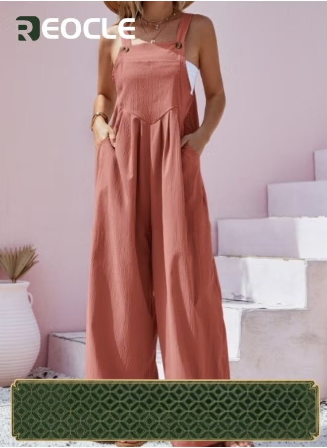REOCLE Women's Loose Jumpsuits One Piece Sleeveless Wide Leg Long Pant Rompers with Pockets Casual Beach Straight Overalls  - Image 1