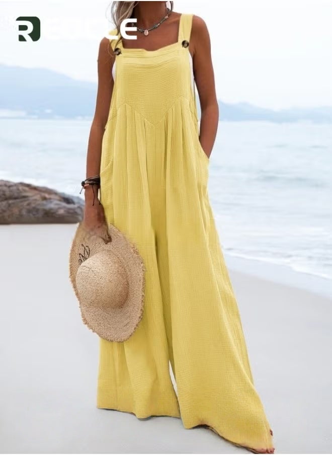 REOCLE Women's Loose Jumpsuits One Piece Sleeveless Wide Leg Long Pant Rompers with Pockets Casual Beach Straight Overalls  - Image 4