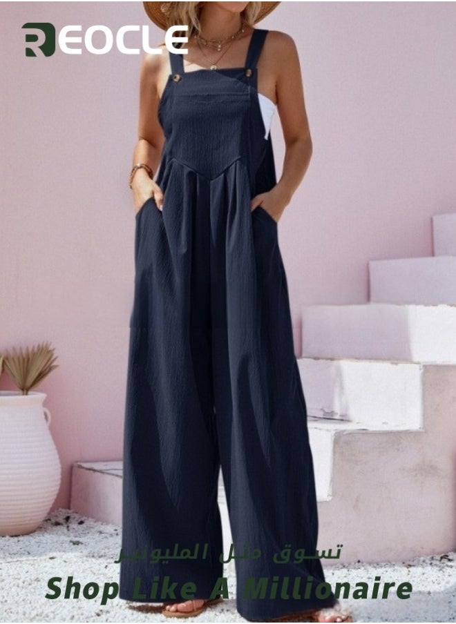REOCLE - Women's Loose Jumpsuits One Piece Sleeveless Wide Leg Long Pant Rompers with Pockets Casual Beach Straight Overalls - Image 1