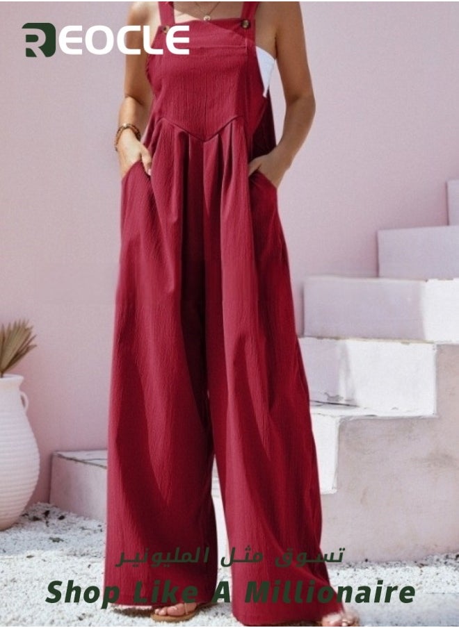 REOCLE - Women's Loose Jumpsuits One Piece Sleeveless Wide Leg Long Pant Rompers with Pockets Casual Beach Straight Overalls - Image 1