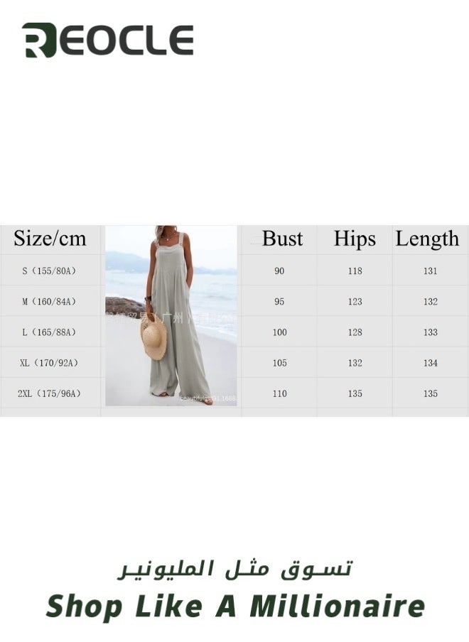 REOCLE - Women's Loose Jumpsuits One Piece Sleeveless Wide Leg Long Pant Rompers with Pockets Casual Beach Straight Overalls - Image 1