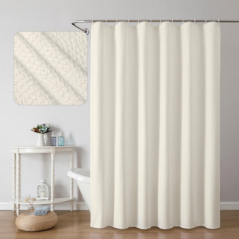 OWENIE Cream Shower Curtain or Bathroom 72x72 Inch, 3D Embossed Textured Waffle Fabric Shower Curtains, Soft Hotel Farmhouse Style, Water Repellent, Machine Washable, Cream, 72" W x 72" L - Image 1