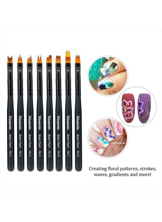 Winstonia - 8 Pcs Nail Brush Set for Flowers, Gradient, Ombre Art Pattern Manicure Designs - Professional Gel, Acrylic and Polish Nail Art Brushes Kit – BLACK PEARL - Image 1