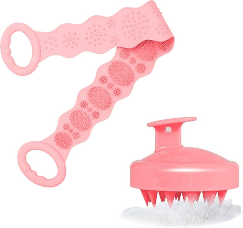 Mn Silicone Back Scrubber and Hair Scalp Massage for Shower, Double-Side Lengthen Body Brush with Ergonomic Handle Easy & Deep Clean, Wet and Dry Shampoo Brush Comfortable for All Hair Types (Pink)