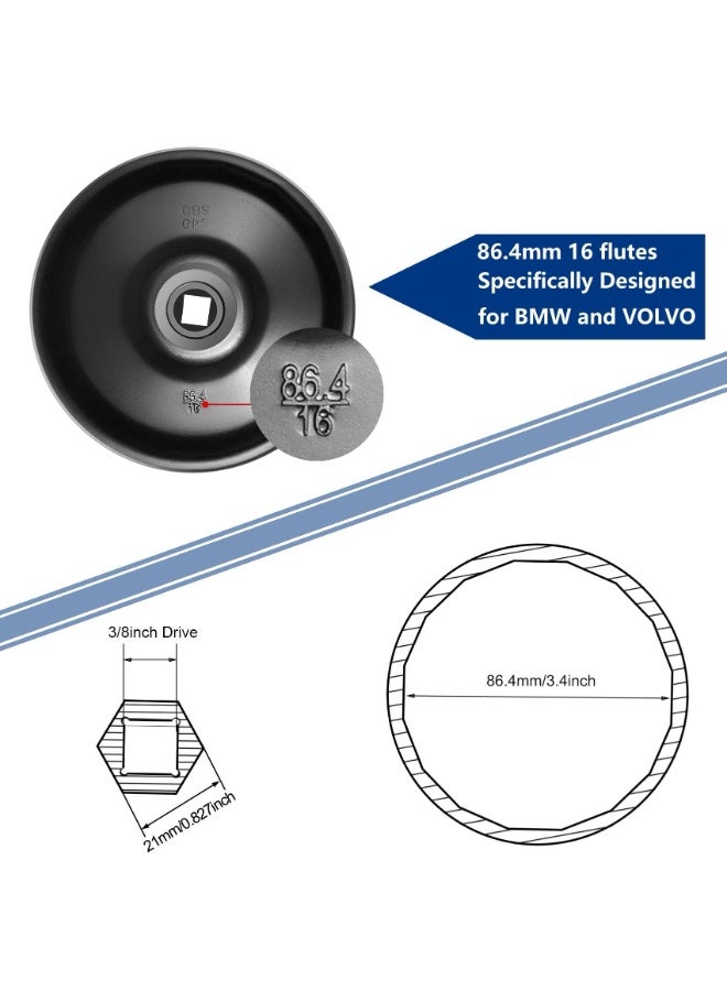 86mm 16 Flutes Oil Filter Wrench for BMW With 86mm Cartridge Style Filter Housing Caps, Housing Cap Removal Tool to Change Oil, Socket Wrench Kit (Black) - Image 3