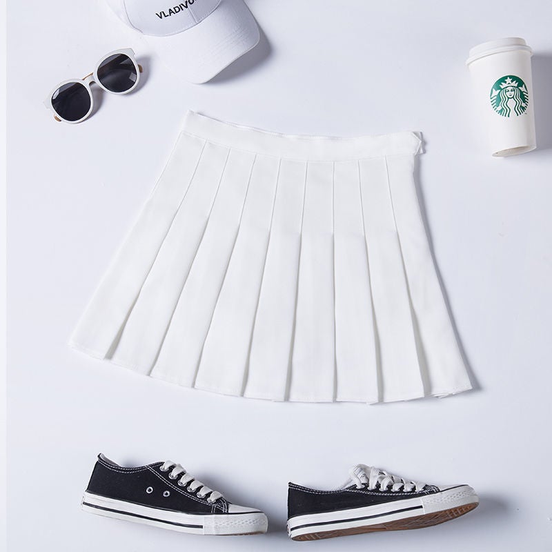 Khaki Pleated Skirt Womens Summer New High-Waisted Petite A-Line Skirt Slimming Look Preppy Style Spring  Fall Short Culottes White (spring and autumn) (solid color)