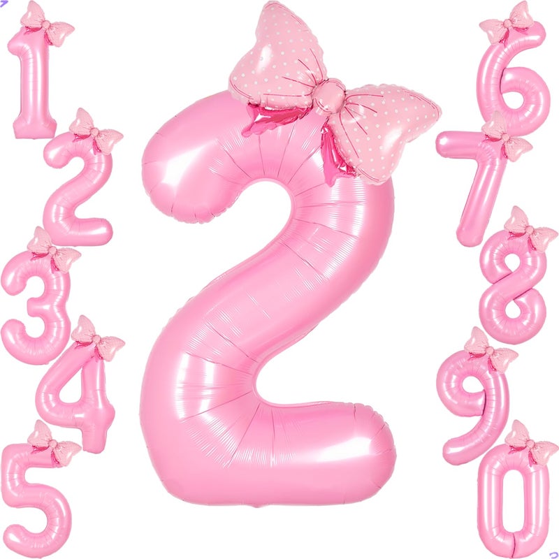 Florisland Pink 2 Balloon Number Pink Birthday Decorations for Girls, Bow Balloons Foil Mylar Large 40â€ 2 Birthday Balloon for Girls Bow Butterfly Coquette 2nd Party Decorations(Number 2 balloons) - Image 1
