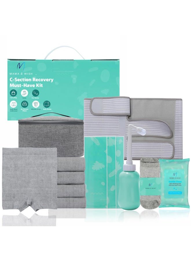 Mama & Wish ® C-Section Recovery Kit Must Haves - Postpartum Essentials 12-Piece Set with Belly Binder, No-Shower Wipes, Silicone Scar Patches, Peri Bottle, Underwear, Grip Socks & Toiletry Bag - Image 1