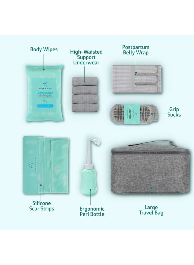 Mama & Wish ® C-Section Recovery Kit Must Haves - Postpartum Essentials 12-Piece Set with Belly Binder, No-Shower Wipes, Silicone Scar Patches, Peri Bottle, Underwear, Grip Socks & Toiletry Bag - Image 2