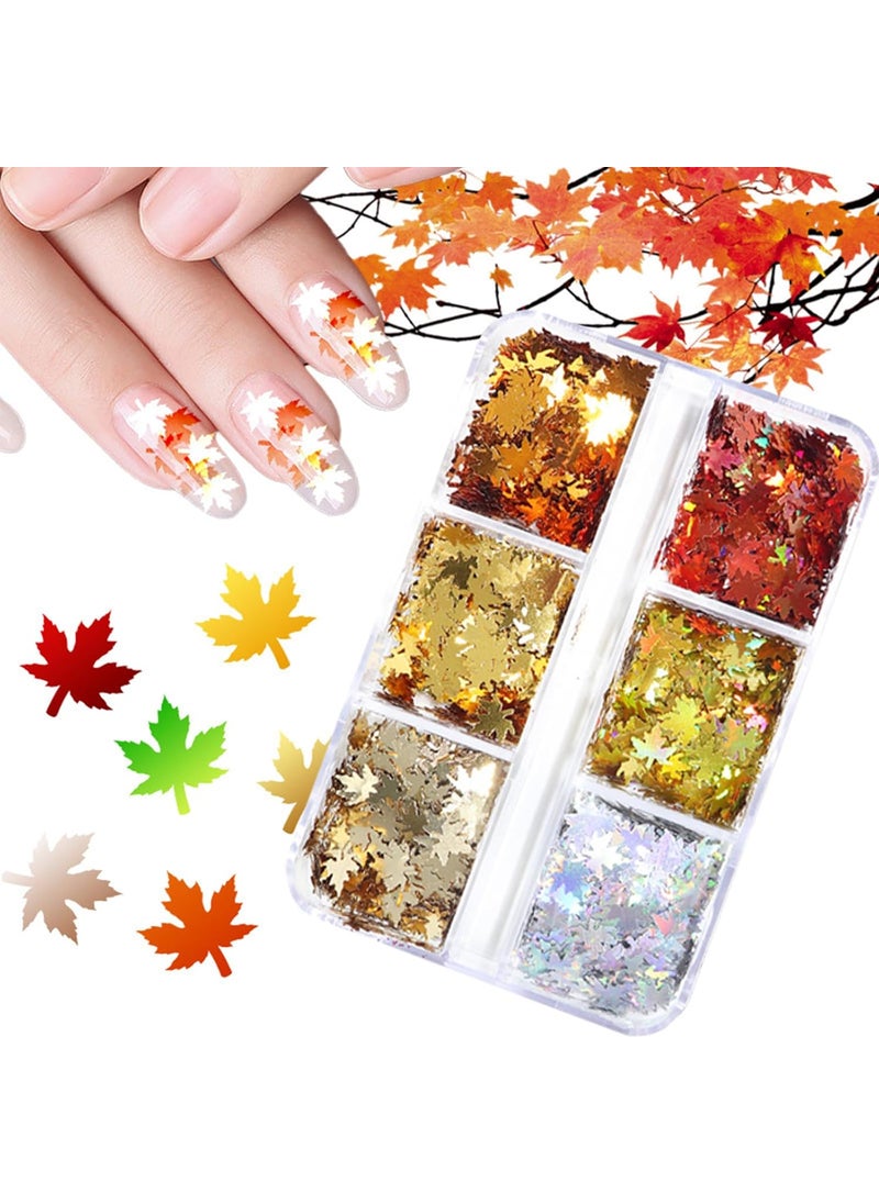 Kistreao - Fall Nail Sequins Maple Leaf Nail Art Glitter 3D Holographic Nail Flakes Thanksgiving Nail Decor for Women Girls Acrylic Nail Supplies DIY Crafts 6 Grids Gold Orange Yellow Red White - Image 1