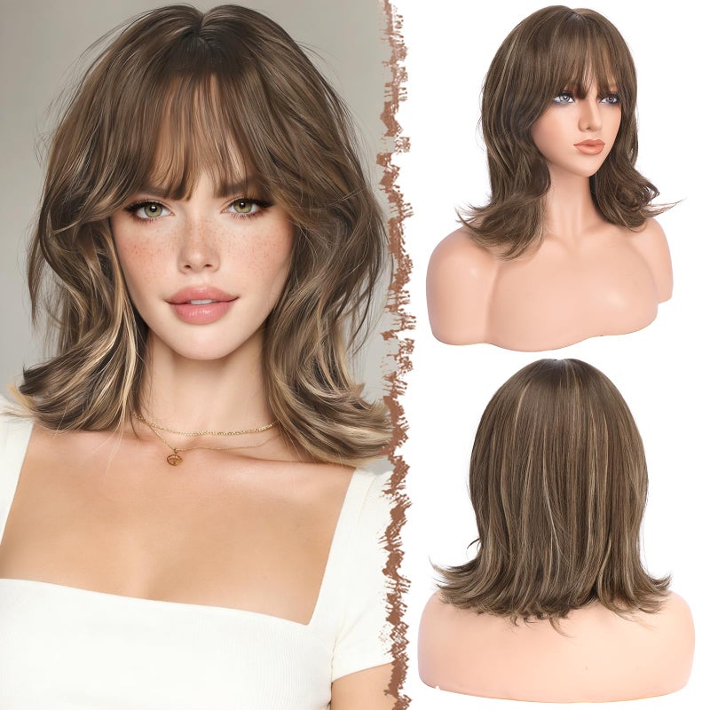 FESHFEN Shoulder Length Bob Wigs with Bangs for Women - Brown Mixed Honey Blonde Natural Layered Wavy Synthetic Wig For Daily Party Costume Use 14 Inch - Image 1