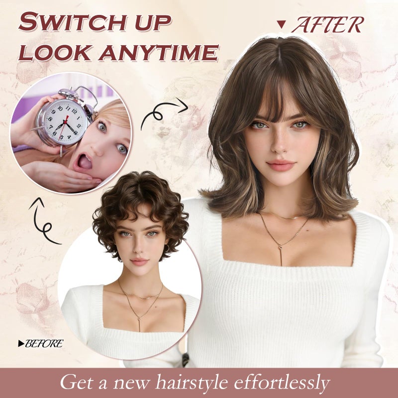FESHFEN Shoulder Length Bob Wigs with Bangs for Women - Brown Mixed Honey Blonde Natural Layered Wavy Synthetic Wig For Daily Party Costume Use 14 Inch - Image 5