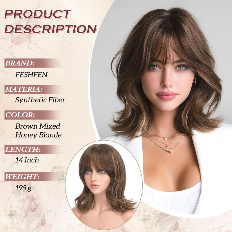 FESHFEN Shoulder Length Bob Wigs with Bangs for Women - Brown Mixed Honey Blonde Natural Layered Wavy Synthetic Wig For Daily Party Costume Use 14 Inch - Image 3