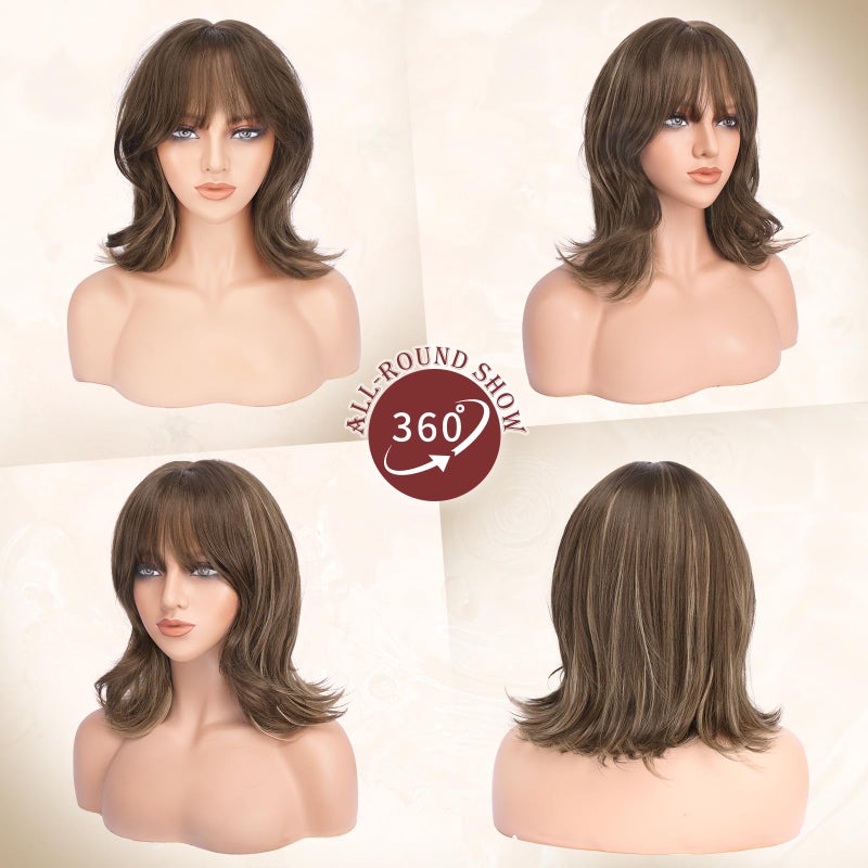 FESHFEN Shoulder Length Bob Wigs with Bangs for Women - Brown Mixed Honey Blonde Natural Layered Wavy Synthetic Wig For Daily Party Costume Use 14 Inch - Image 2