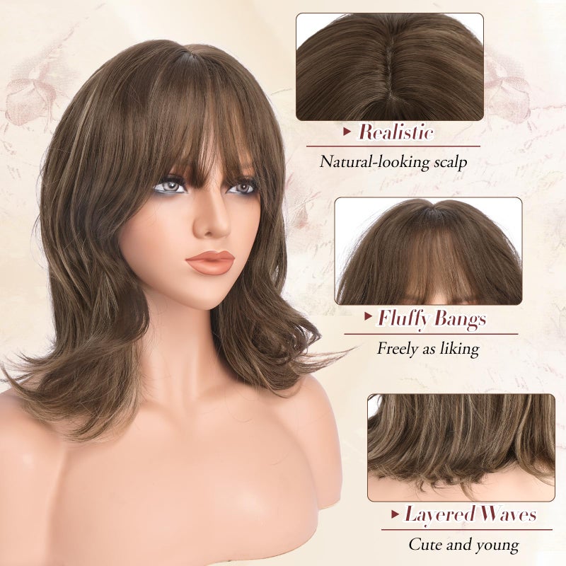 FESHFEN Shoulder Length Bob Wigs with Bangs for Women - Brown Mixed Honey Blonde Natural Layered Wavy Synthetic Wig For Daily Party Costume Use 14 Inch - Image 4