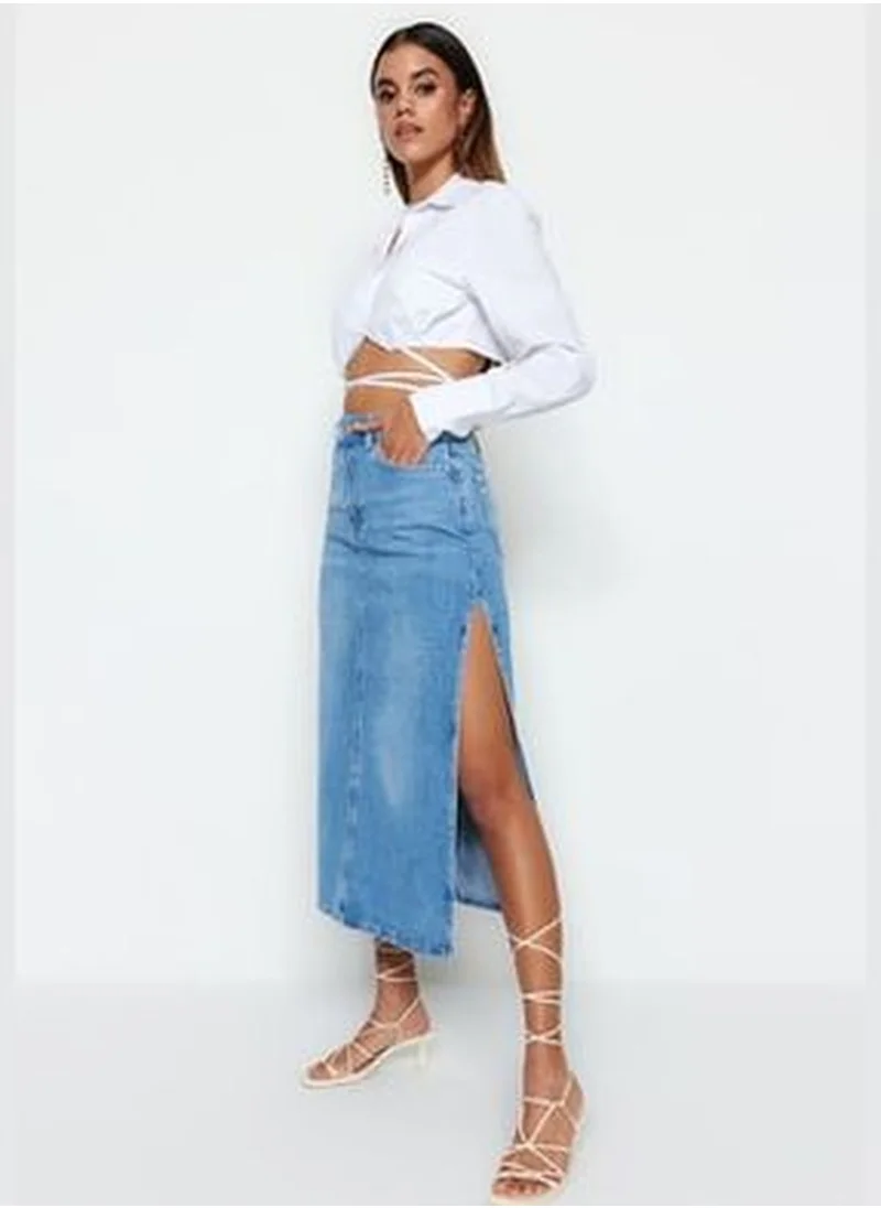 trendyol Light Blue High Waist Maxi Denim Skirt With A Slit TWOSS23ET00109