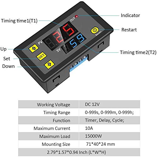 IS Timer Relay, Icstation DC 12V Time Delay Switch 10A Timer Switch Module Programmable Digital Time Cycle ON-Off Control 0-999s/min/h LED Display Time Relay Switch Module for Light Water Pump Engine - Image 2