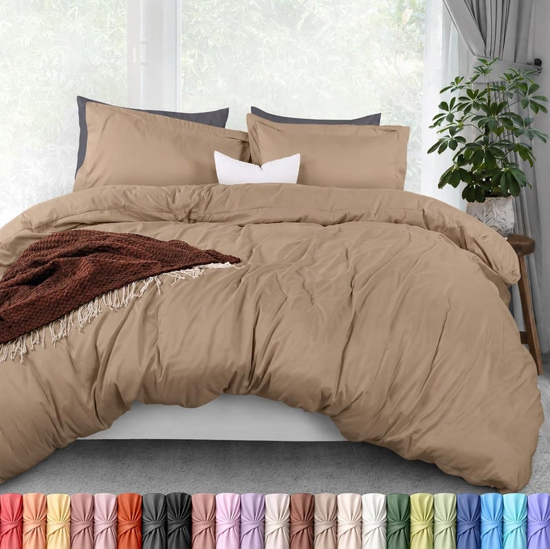 Duvet Cover Queen, 3 Piece Cotton Like Polyester With Zipper Closure, Sand | Extra Soft and Breathable, Wrinkle & Fade Resistant, Includes Duvet Cover and 2 Pillow Shams, Comforter Not Included, OekoTex - Image 1