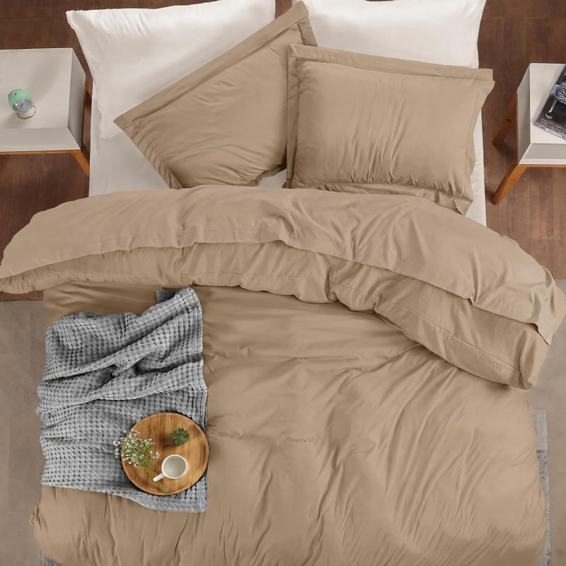Duvet Cover Queen, 3 Piece Cotton Like Polyester With Zipper Closure, Sand | Extra Soft and Breathable, Wrinkle & Fade Resistant, Includes Duvet Cover and 2 Pillow Shams, Comforter Not Included, OekoTex - Image 2