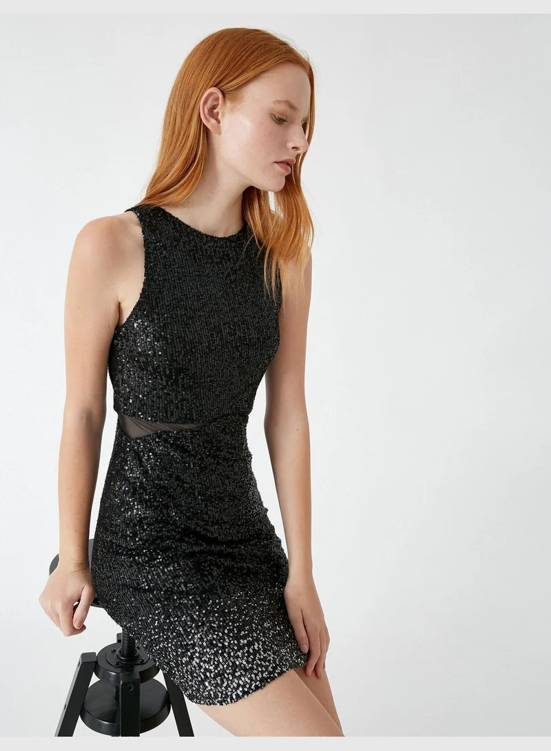 KOTON Halter Neck Sequinned Window Detailed Mini Dress