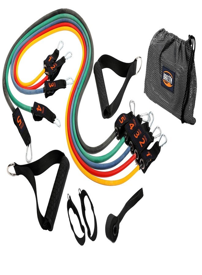 Brazyn Resistance Bands Kit with Handles 12-Piece Band Set with Travel Pouch, Guide, Ankle Straps & Door Anchor - for Workouts Gym Strength Training Bungee Yoga Pilates Physical Therapy - 150lbs - Image 1