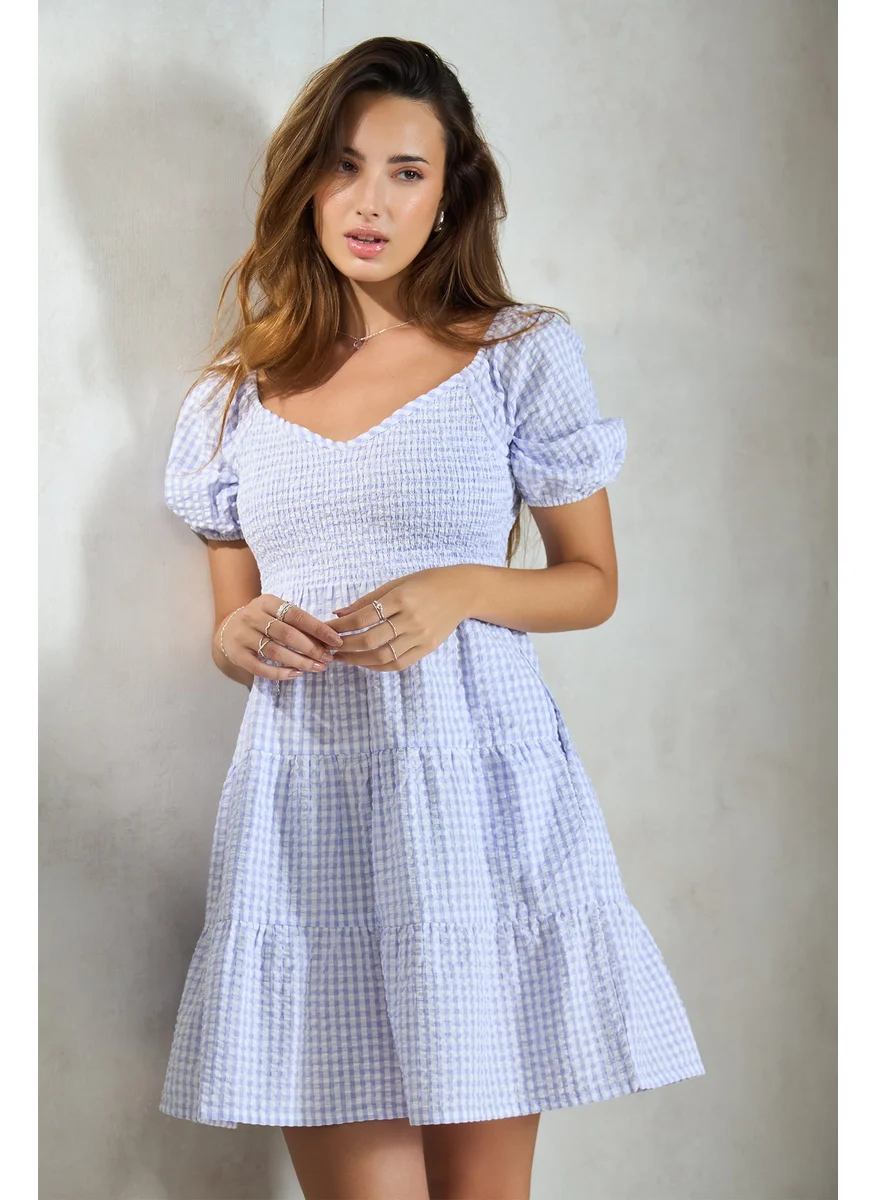 فيرجيو Virgio Checked Puff Sleeve Cotton Tier A-Line Dress