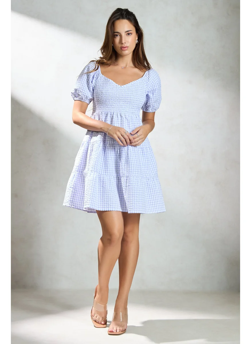فيرجيو Virgio Checked Puff Sleeve Cotton Tier A-Line Dress