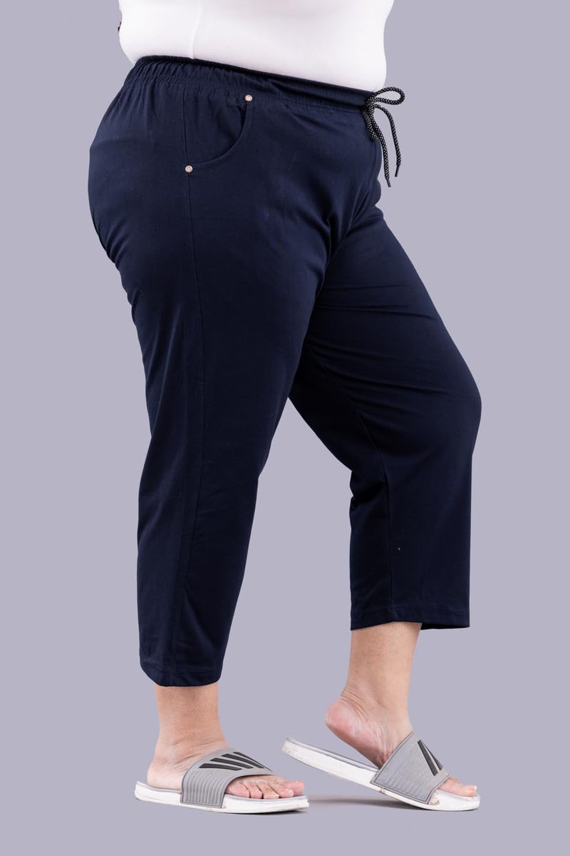 CUPID Women's Plus Size Plain Cotton Half Regular Pant, 3/4Th Sports N Casual Night Short Pant, Knee Length Indoor N Outdoor Capris for Ladies_Navy Blue_7XL - Image 2