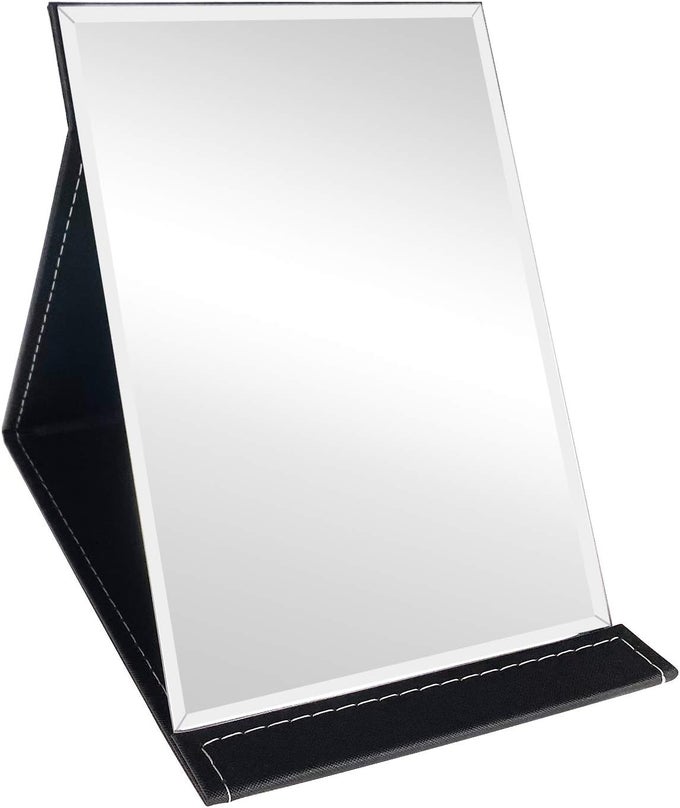PORTABLE FOLDING MAKEUP MIRROR WITH ADJUSTABLE STAND, PU LEATHER VANITY TABLE FOR COSMETICS PERSONAL BEAUTY, LARGE
