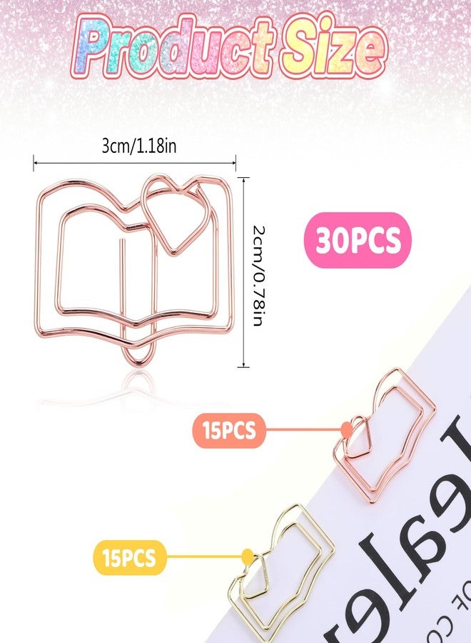 MBAIYO Book Shape Paper Clips Bookmark, 30pcs Stainless Steel Book with Heart Paper Clip Gold and Rose Books Bookmark Funny Paperclips with Heart Document Organization Office School Desk Wedding Deco - Image 3