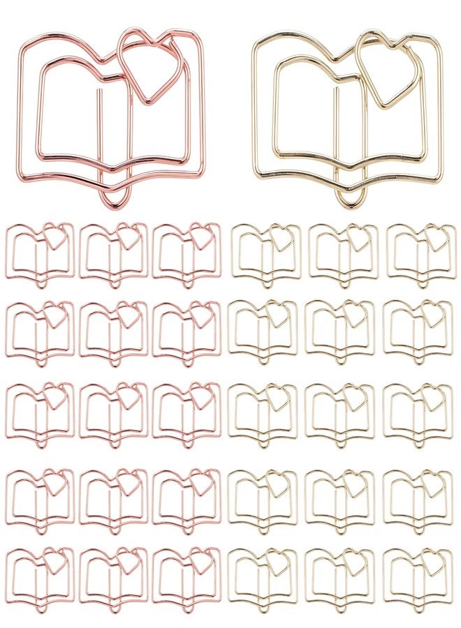 MBAIYO Book Shape Paper Clips Bookmark, 30pcs Stainless Steel Book with Heart Paper Clip Gold and Rose Books Bookmark Funny Paperclips with Heart Document Organization Office School Desk Wedding Deco - Image 1