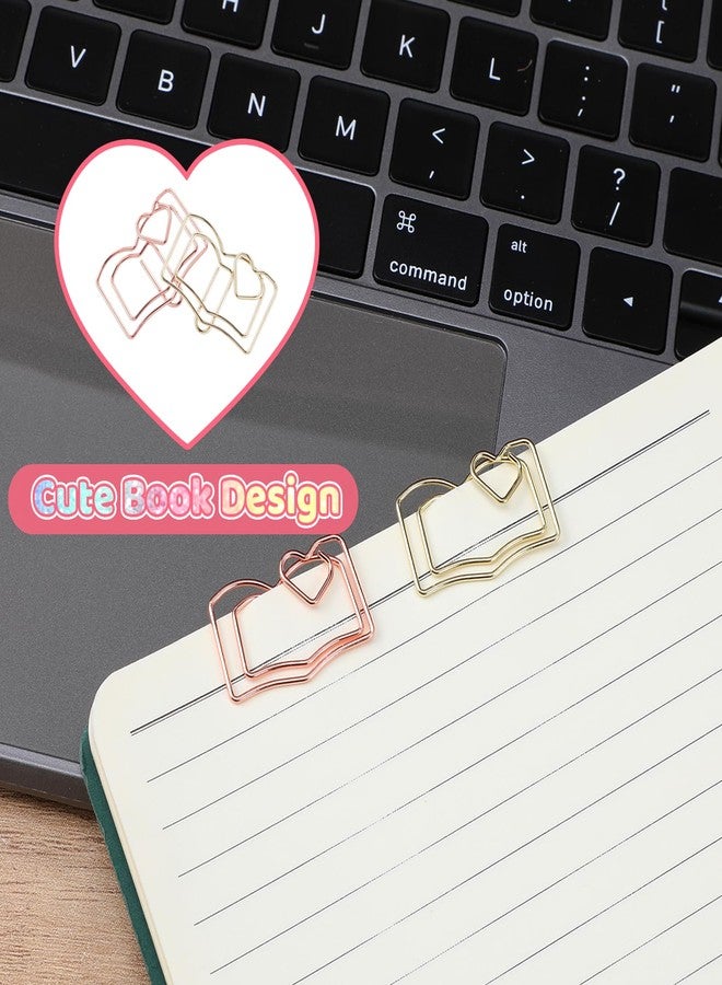 MBAIYO Book Shape Paper Clips Bookmark, 30pcs Stainless Steel Book with Heart Paper Clip Gold and Rose Books Bookmark Funny Paperclips with Heart Document Organization Office School Desk Wedding Deco - Image 2