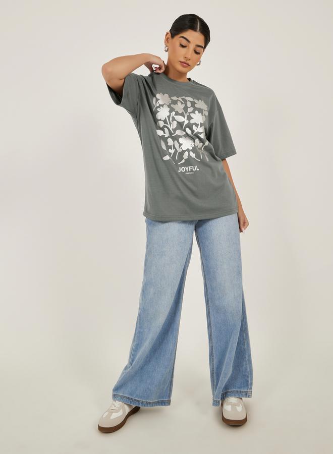 Styli Floral Foil Graphic Oversized Round Neck T-Shirt  - Image 2