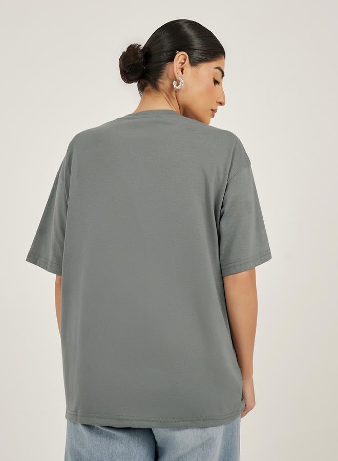 Styli Floral Foil Graphic Oversized Round Neck T-Shirt  - Image 4