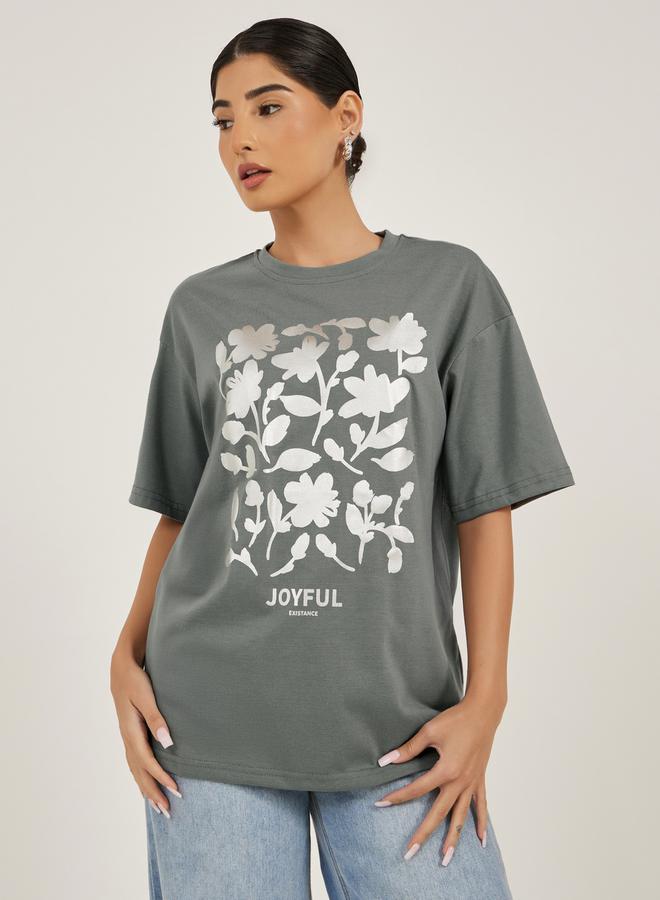 Styli Floral Foil Graphic Oversized Round Neck T-Shirt  - Image 1